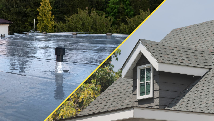 An image of a flat roof on the left and a shingled roof house on the right and the picture is split diagonally in middle.